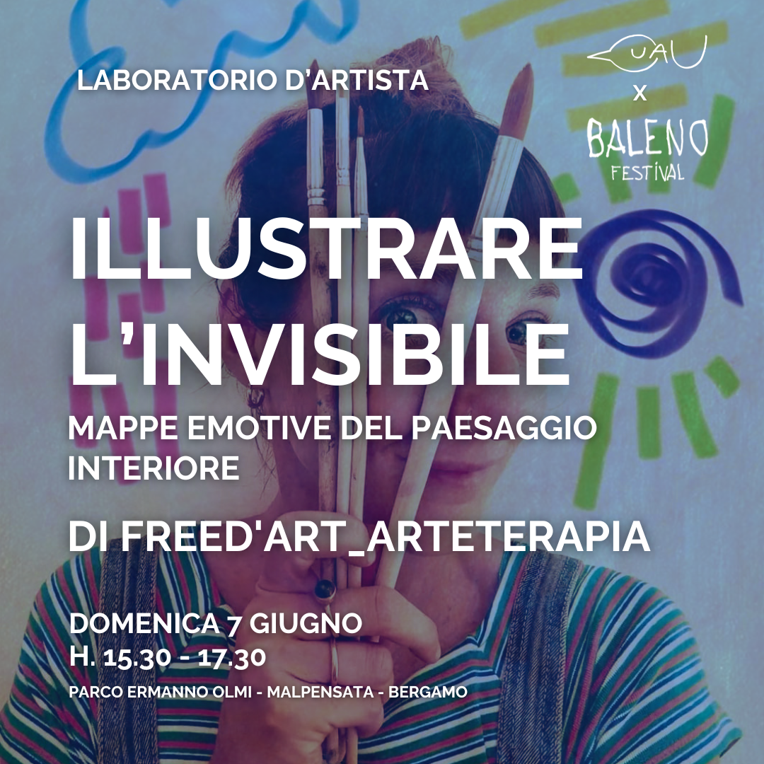 Ritratto di Sara, educatrice, pedagogista e arteterapeuta, che guarda verso l’obiettivo con uno sguardo accogliente e curioso, tenendo alcuni pennelli davanti al viso come simbolo del suo lavoro creativo. Sullo sfondo bianco compaiono segni colorati e spontanei - nuvole, linee e spirali - che evocano immaginazione, gioco ed espressione libera. Indossa una maglietta a righe colorate e una salopette di jeans, elementi che contribuiscono a trasmettere un’atmosfera informale, rassicurante e autentica. La fotografia comunica energia creativa, delicatezza e la sensazione di uno spazio sicuro in cui arte, ascolto e relazione diventano strumenti di cura e benessere. In sovraimpressione trovate le indicazioni: Laboratorio d'artista ILLUSTRARE L’INVISIBILE - MAPPE EMOTIVE DEL PAESAGGIO INTERIORE di Freed'Art_arteterapia Domenica 7 giugno dalle ore 15.30 alle 17.30 Parco Ermanno Olmi - malpensata Bergamo